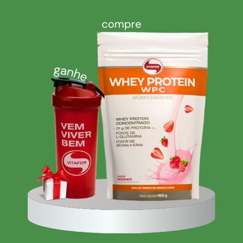 Whey Protein WPC Vitafor 900g  (Morango)  + Brinde Coqueteleira 600ml